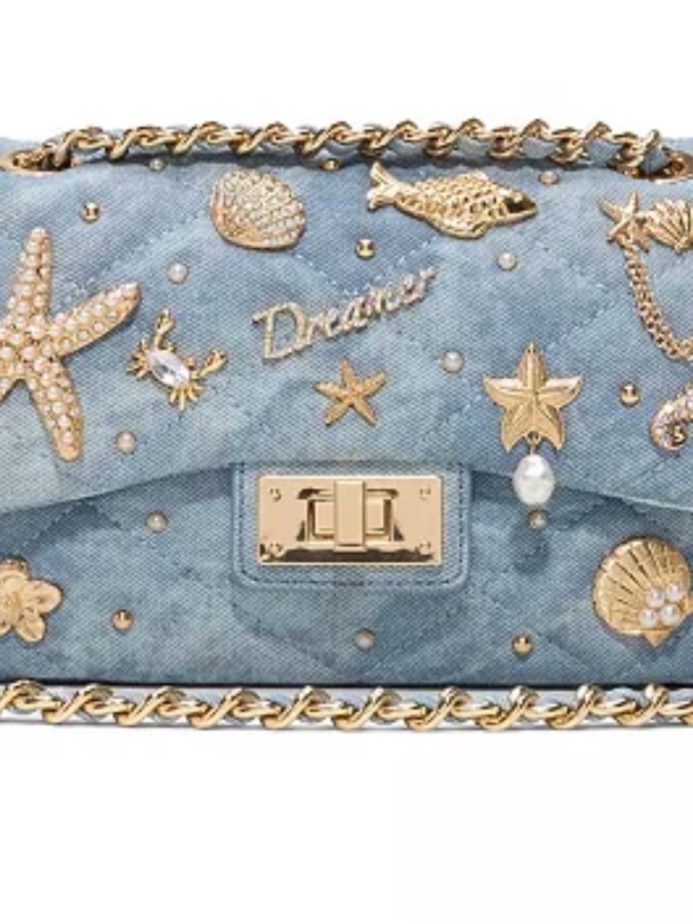 Aldo Light Blue Quilted Shoulder Bag with Gold Sea Accents